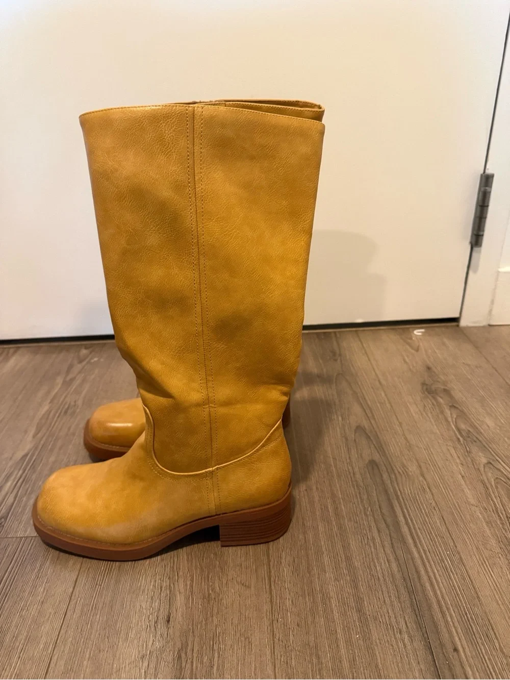 Women’s Over-the-Knee Mustard Leather Boots with Low Block Heel